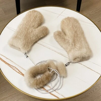 Women's Real Mink Fur Gloves Knitted Warm Wrist Stretch Mittens Sleeves W String - Image 1 of 4