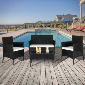 4Pcs Outdoor Rattan Wicker Sofa Set 2 Cushioned Armchairs&Loveseat &Coffee Table - Picture 1 of 9
