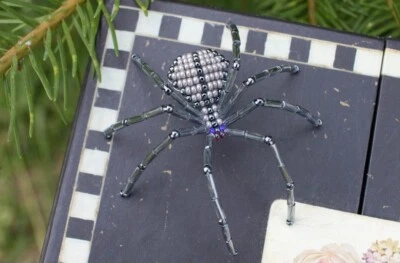 Beaded Spider Gray Striped With Blue Eyes, Handmade Christmas Spider Ornament - Image 1 of 4
