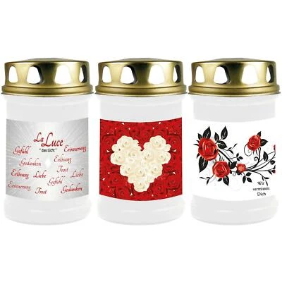 HSCANDLE Grabkerze Weiß mit Motiv Rose 40h Grablicht Grabkerzen Grabschmuck Grablichter
