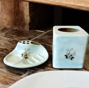 Vintage Badezimmer Diener Keramik blau Zahnbürstenhalter Seifenschale Taschentuchbox Deckel - Bild 1 von 14