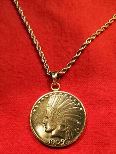Indian Head $10 Eagle Plated Coin Pendant & Gold Filled Rope Necklace + Gift Box - Picture 1 of 6