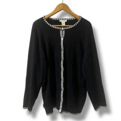 Винтажный Deane & белый черный вязаный кардиган свитер чек отделки женщин плюс размер 1 X - Изображение 1 из 4