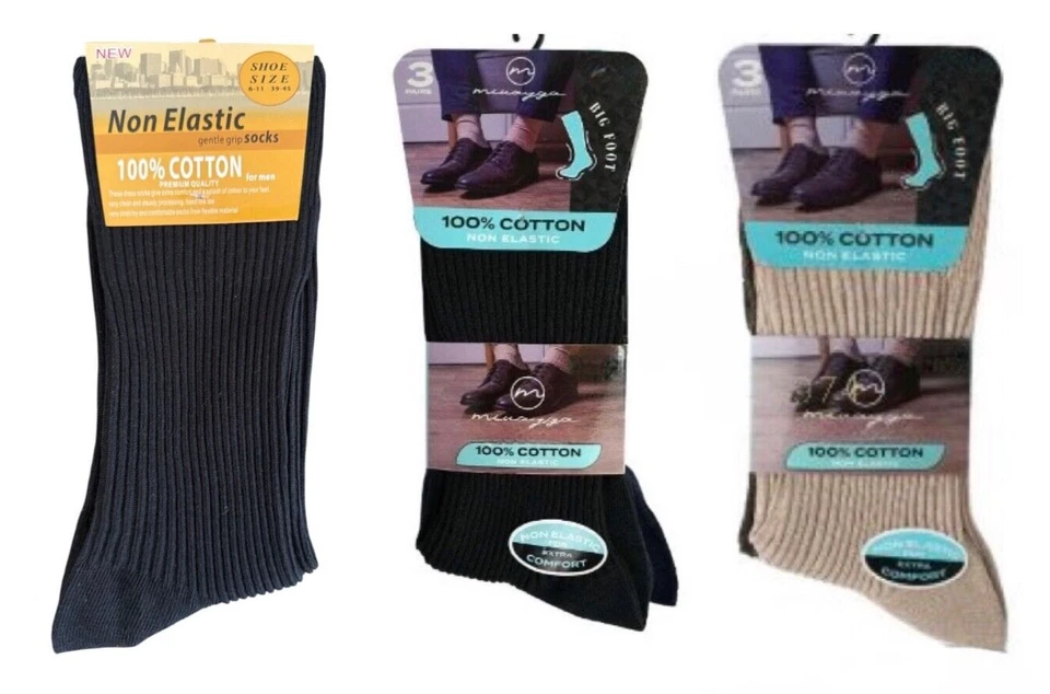 MIUAYGA 3 Pair Men's 100% Cotton Diabetic Non Binding Non Elastic Gentle Grip Socks 6-11