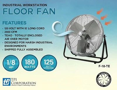 TPI F18-TE 18" Industrial Workstation Floor Fan, 1/8 HP, 3 Speed, 120V - Image 1 of 4