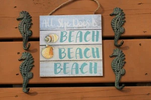 Beach Lover Fathers Day Gift Set Wood Sign & Cast Iron Seahorse Hooks, Sea Love - Picture 1 of 5