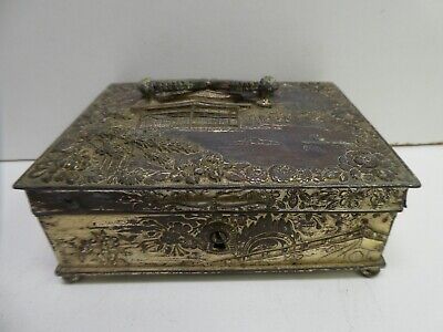Vintage Japanese Cast Metal Silver Plate Case Box Nippon Stamp Pagoda Decorated • 56$