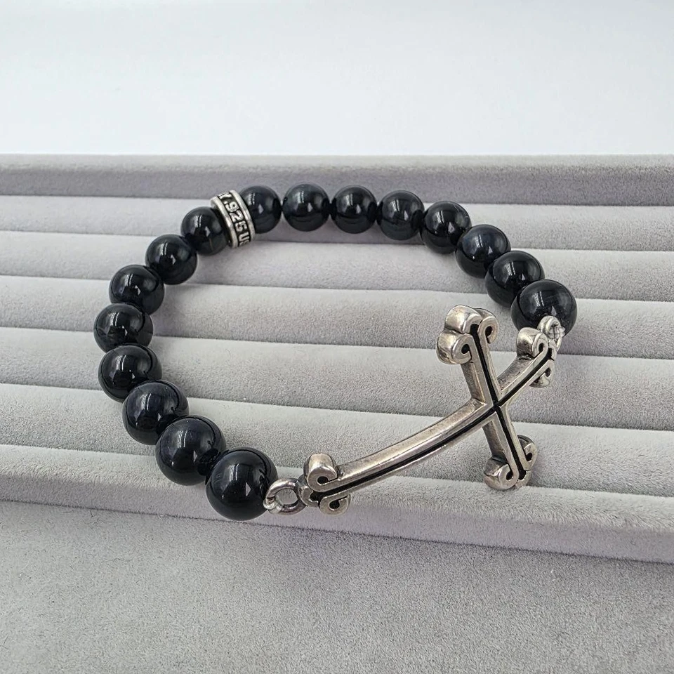 KING BABY Bracelet Cross SV925 Blue Tiger Eye USA #0626 - Image 1 of 4