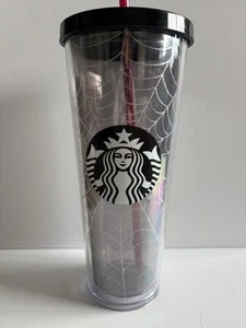 Starbucks 2019 Herbst 24Oz Tumbler Halloween Silber Glitzer Spinnennetz mit Strohhalm - Bild 1 von 8