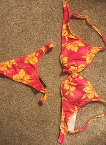 California Waves 2pc THONG BIKINI (Waterfilled Bra) SIze: Large /Cherry Floral - Picture 1 of 5