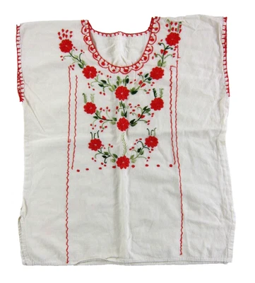 Blusa Campesina Mexicana Vintage Marfil Rojo Verde Bordada Floral 100% Algodón L Foto 1 de 3
