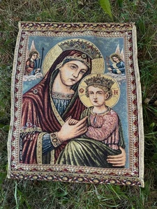 Vintage Ikone der Mutter Gottes, Jesuskind, Wandteppich Stoff Wandbehang - Bild 1 von 15