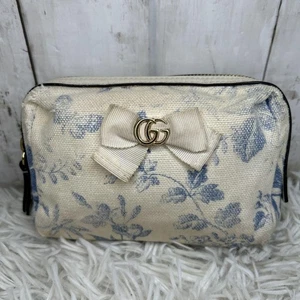 Gucci Marmont Floral Denim Pouch White Interlocking Logo Used - Picture 1 of 18