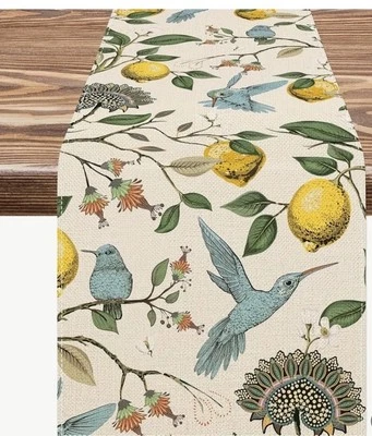 Summer Table Runner Lemons & Bluebirds Botanical 3 Sizes to Choose From - Image 1 of 4