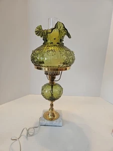 Fenton Cabbage Rose Student Lamp Green Ruffled Glass Marble Vintage 19.5 Tall - Picture 1 of 4