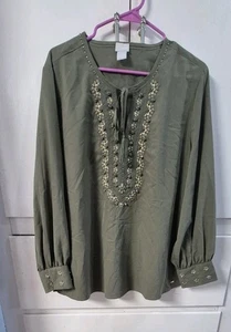 Chemisier paysan embelli Chico's femme 3 (XL) manches longues vert olive - Photo 1/8