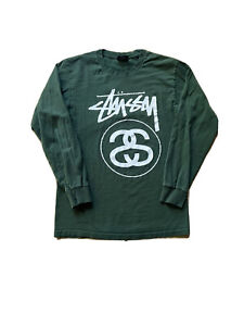 Stussy Spellout Double Logo Green Long Sleeve T Shirt Size Small