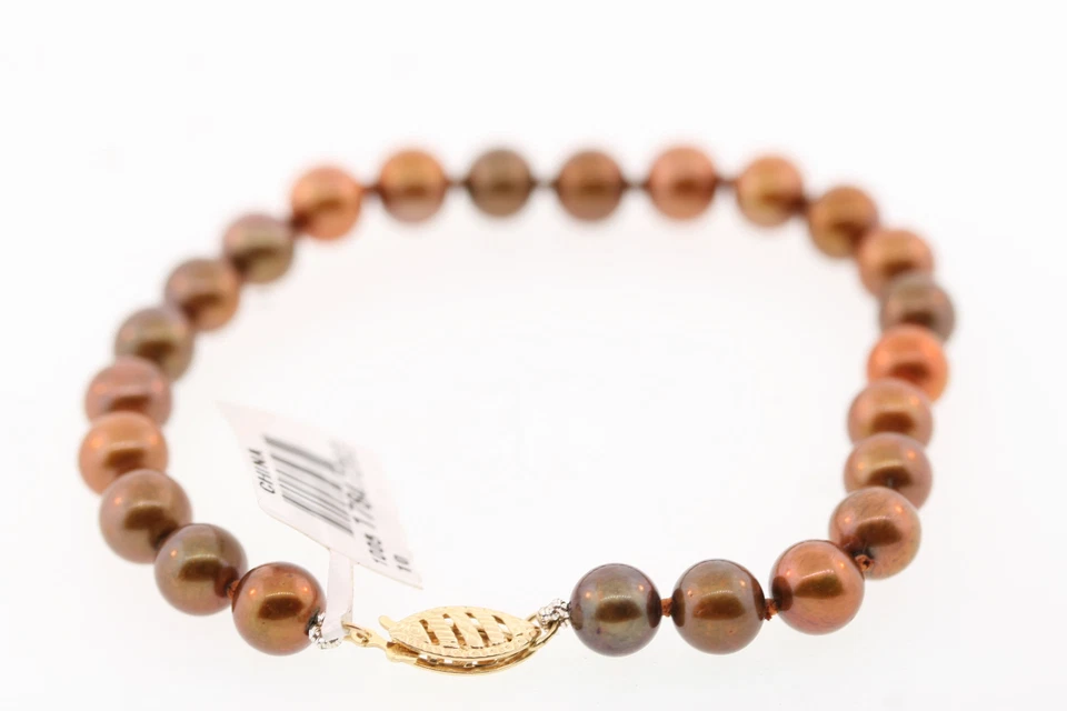 Brazalete de perlas teñidas de chocolate de agua dulce genuinas de oro amarillo de 14 k de 6,5-7,0 mm Foto 1 de 4