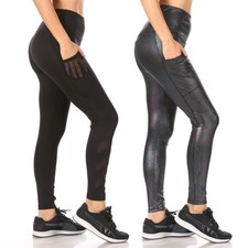 Womens Leggings High Waisted Full Length Side Pockets Mesh Detail Active Pants