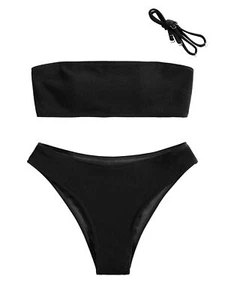 ZAFUL Women Strapless Bikini Set Lace Up Ribbed High Cut Bandeau 2 Pc Swimsuit - Picture 1 of 7