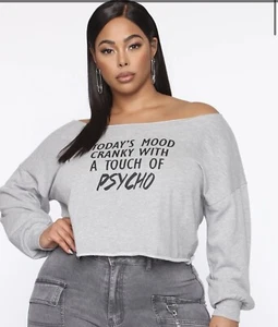 Felpa Fashion Nova "Psycho" Crop Cutoff taglie forti 2X grigia, orlo grezzo, nuova con etichetta - Foto 1 di 5