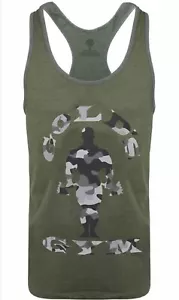 UK 2XL. Palestra Gold's. Gilet uomo originale Muscle Joe Stringer. Verde/Mimetico nuovo + etichette - Foto 1 di 8