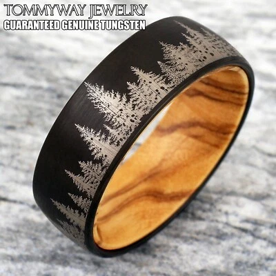 8mm Tungsten Carbide Men's Black Forest Tree Scene Olive Wood Wedding Band Ring - Image 1 of 4