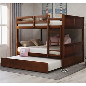 Full Over Full Bunk Bed with Twin Size Trundle Can Split to Two Separate Beds - Picture 1 of 15