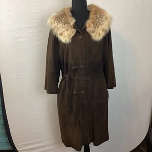 Vintage 1960 braun Wildleder und Kaninchenfell Kragen gefüttert Gürtel Swing Mantel, L - Bild 1 von 13
