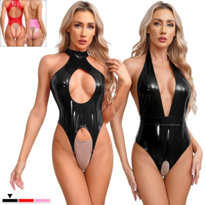 Body para mujer look húmedo cuero corte alto halter tanga leotardo lencería traje de gato Foto 1 de 4