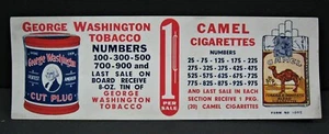 Vintage 1ct G Washington & Camels Punch Board Win Payout Display Top Prize Sign - Imagen 1 de 1