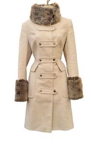 10 UK KAREN MILLEN Vintage Beige Military Winter Dress Coat Trench Faux Fur Trim - Picture 1 of 8