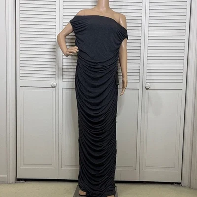 NUEVO CON ETIQUETAS NORMA KAMALI Vestido Jersey Fruncido Lateral Hombro Caído Gris Oscuro Mediano Foto 1 de 4