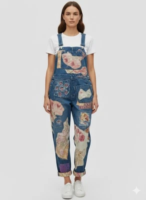 Womens Upcycled And Handcrafted Floral Patchwork Denim Overalls - Image 1 of 4
