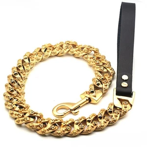 32MM Gold Stainless Steel Leather Dog Chain Large Bully Shepherd Leash Hot Sale - Picture 1 of 5
