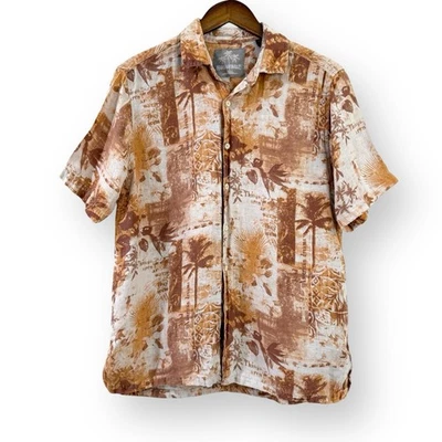 Camisa havaiana masculina de linho de seda Margaritaville tamanho M manga curta bronzeada palmeiras - Imagem 1 de 4