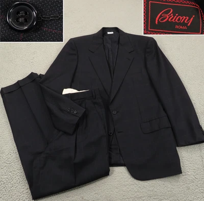 Brioni Suit 40R Navy Birdseye Windowpane Wool Coat Pleated Cuffed Trouser 32x30 - Image 1 of 4