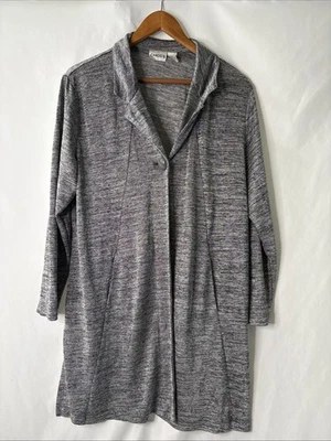 Chicos 3 (16) Duster Metallic Silver Black Split Hem Open Front Cardigan Sweater - Image 1 of 4