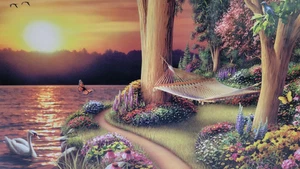ALAN GIANA HAMMOCK OVERLOOKING LAKE WITH SWAN AND BUTTERFLY ART PRINT 20" x 16" - Picture 1 of 3