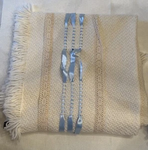 BEAUTIFUL JOHN BRANIGAN Cream Wool Alpaca Blend Fringe Mini Throw Blanket - Picture 1 of 9