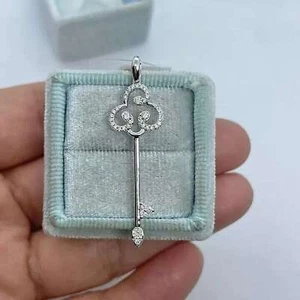 1CT Round Simulated Diamond 925 Silver Women Key Pendant 14K White Gold Plated - Picture 1 of 3