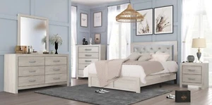 6Pc Queen Size LED Headboard Panel Bed Set Cream Finish Wooden Fabric Furniture - Picture 1 of 7