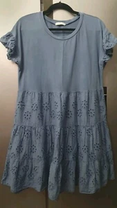 Italienisches Damen Kleid Blumen bestickt blau Baumwolle Größe L Stufen Rüschenärmel - Bild 1 von 11