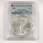 (1) 2021 US American 1oz Silver Eagle PCGS MS70 TYPE 2 First Day of Issue Coin