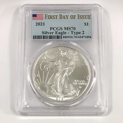 (1) 2021 US American 1oz Silver Eagle PCGS MS70 TYPE 2 First Day of Issue Coin - Image 1 of 2