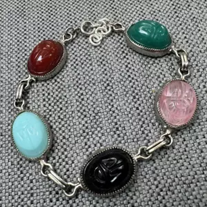 Vintage Egyptian Carved Glass Scarab Linked Bracelet Silver Tone 7.5” - Picture 1 of 4