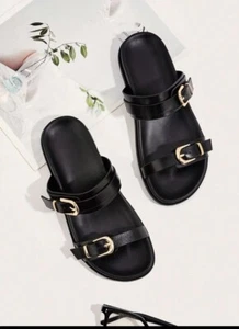 Casual Black Flat Sandals With Metal Square Buckle, Ideal For Vacation - Picture 1 of 6
