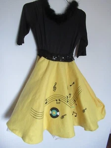 Vintage Rock A Billy Costume Dress Record Musical Notes Print Black Top Yellow - Picture 1 of 9
