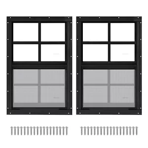 2 Pack 14" x 21" Black Shed Window with Tempered Glass and Fiberglass Screen ... - Picture 1 of 6