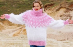 SuperTanya white pink Icelandic fuzzy mohair sweater Nordic pullover L-XL - Picture 1 of 8